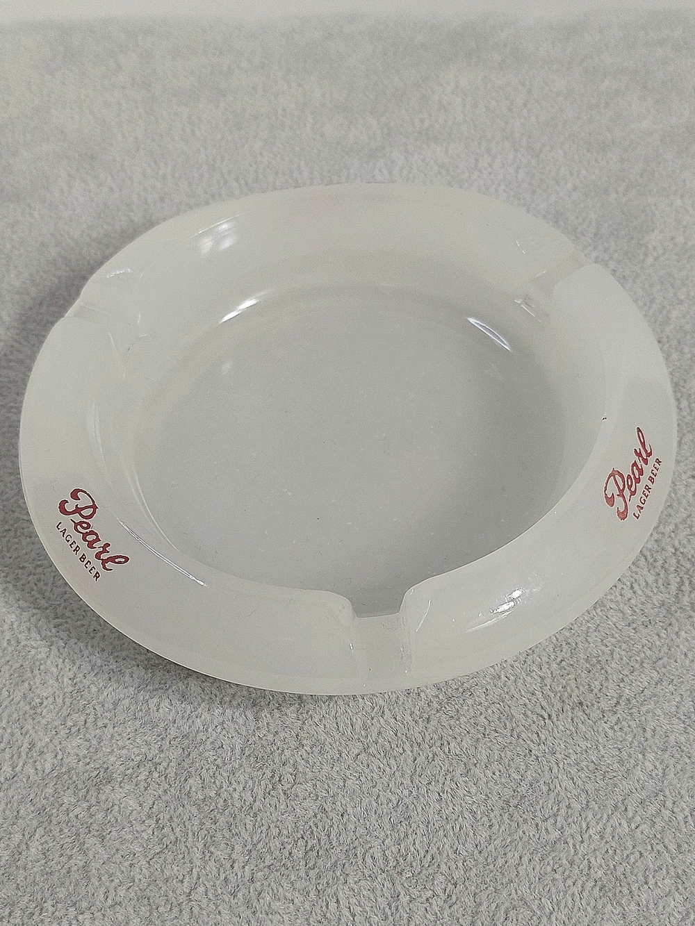 Vintage Pearl White Glass Ashtray with Red Logo 1950s Era